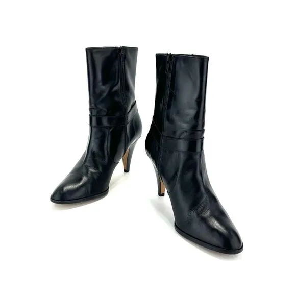 LUMIANI BLACK LEATHER ITALIAN MADE ALMOND TOE HIGH HEEL SHORT BOOTS