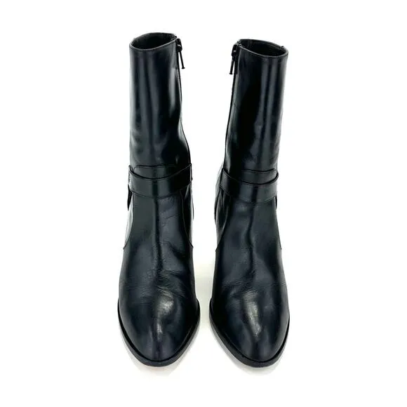 LUMIANI BLACK LEATHER ITALIAN MADE ALMOND TOE HIGH HEEL SHORT BOOTS