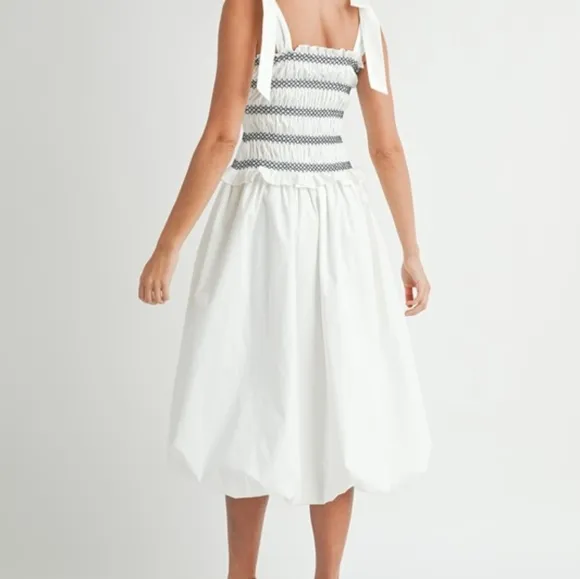 MABLE Smocked Bodice Bubble Midi Dress Ivory