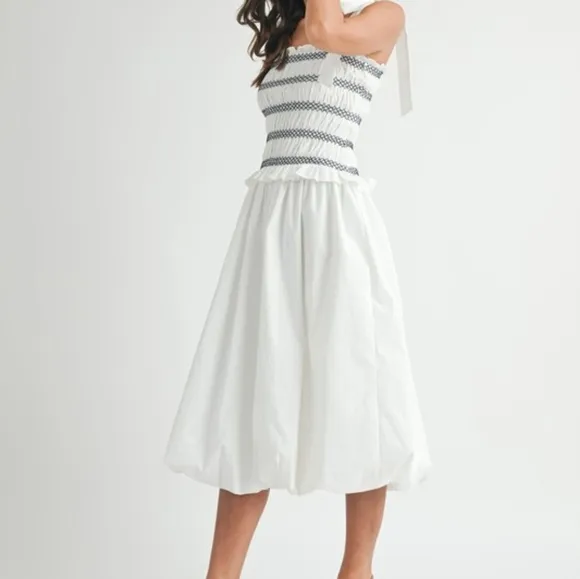 MABLE Smocked Bodice Bubble Midi Dress Ivory