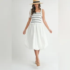 MABLE Smocked Bodice Bubble Midi Dress Ivory