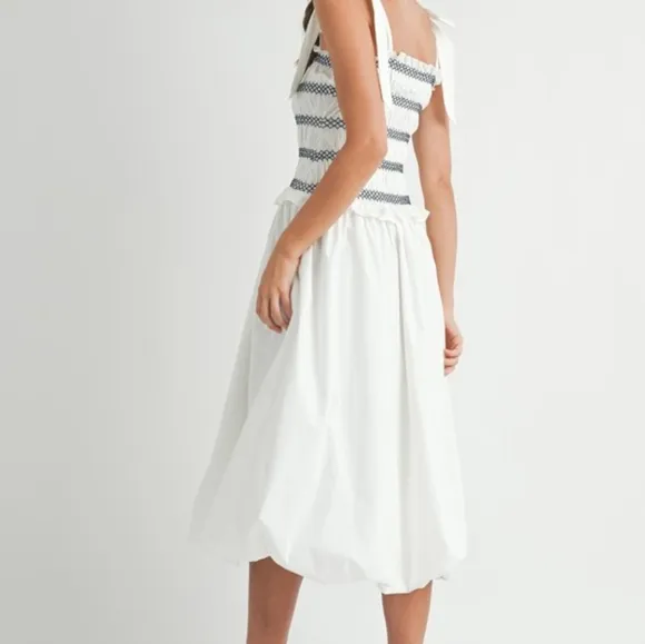 MABLE Smocked Bodice Bubble Midi Dress Ivory