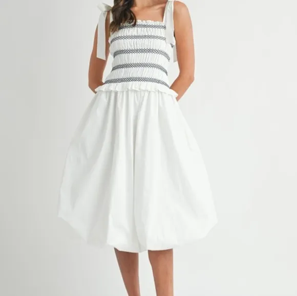 MABLE Smocked Bodice Bubble Midi Dress Ivory