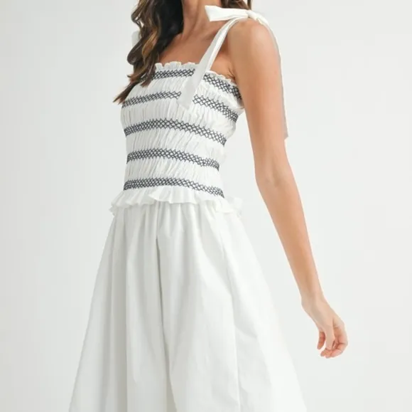 MABLE Smocked Bodice Bubble Midi Dress Ivory