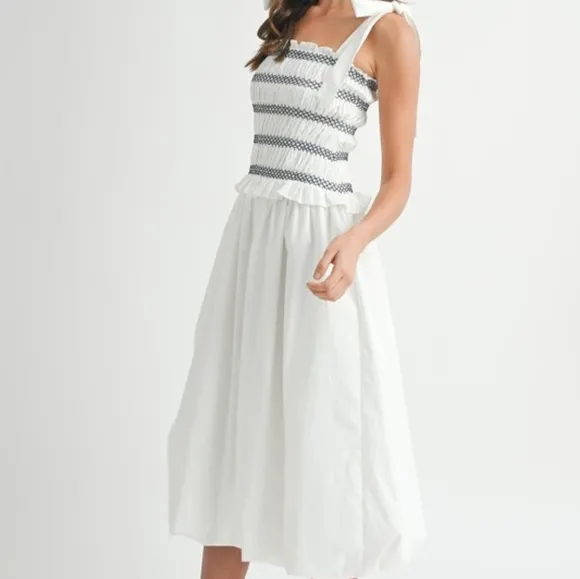 MABLE Smocked Bodice Bubble Midi Dress Ivory