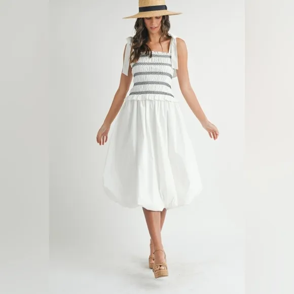 MABLE Smocked Bodice Bubble Midi Dress Ivory