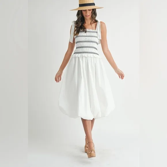 MABLE Smocked Bodice Bubble Midi Dress