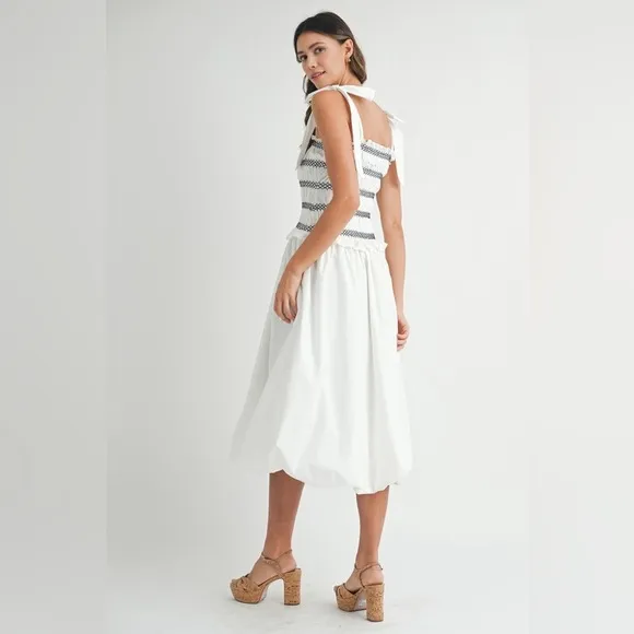 MABLE Smocked Bodice Bubble Midi Dress