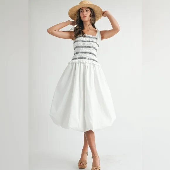 MABLE Smocked Bodice Bubble Midi Dress