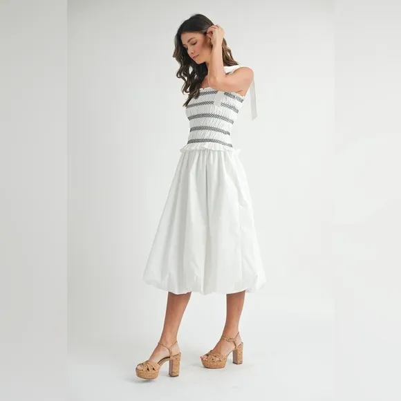 MABLE Smocked Bodice Bubble Midi Dress