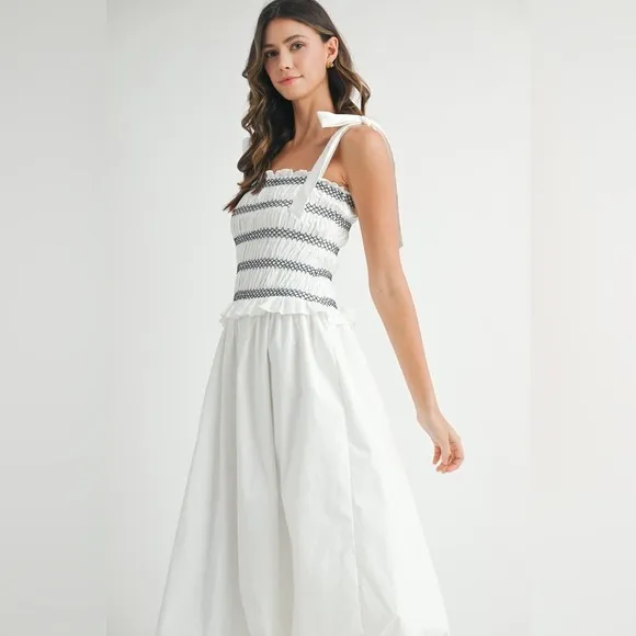 MABLE Smocked Bodice Bubble Midi Dress