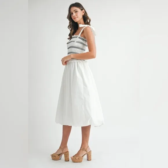 MABLE Smocked Bodice Bubble Midi Dress