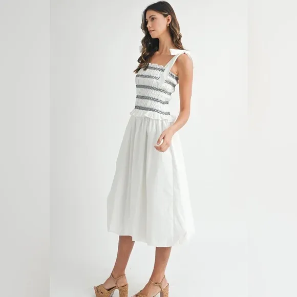 MABLE Smocked Bodice Bubble Midi Dress