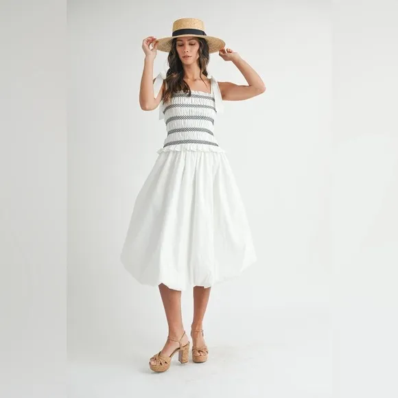 MABLE Smocked Bodice Bubble Midi Dress