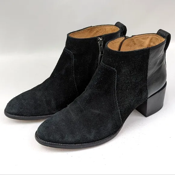 Madewell The Asher Suede and Leather Ankle Boot Block Heel Side Zipper Black 7.5