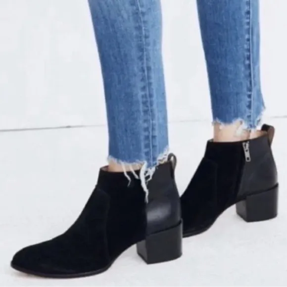 Madewell The Asher Suede and Leather Ankle Boot Block Heel Side Zipper Black 7.5