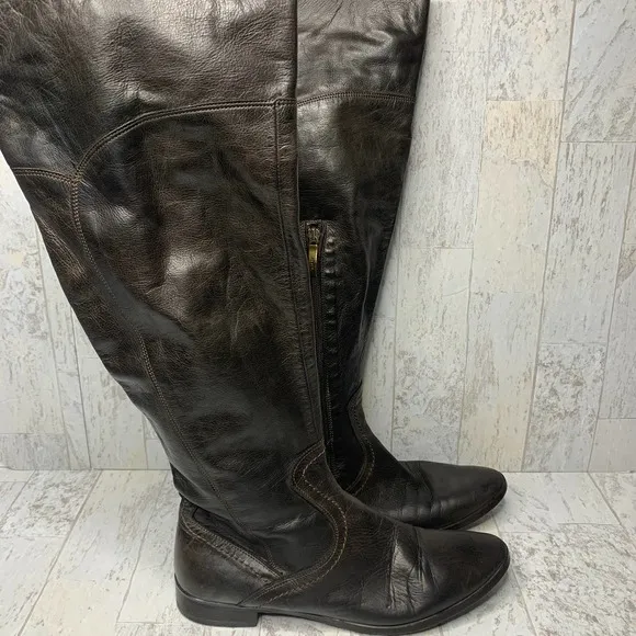Mally Tall Riding Boots Women Size 41 Brown Leather Closed Toe Low Heel Side Zip