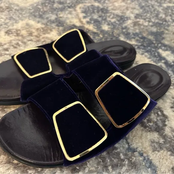 Manolo Blahnik Blue and Gold Slide Sandals