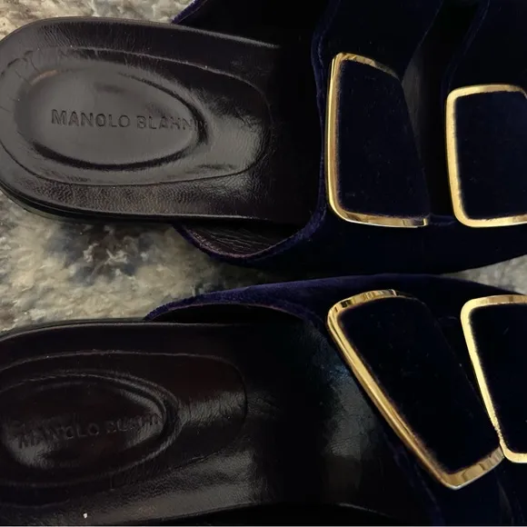 Manolo Blahnik Blue and Gold Slide Sandals