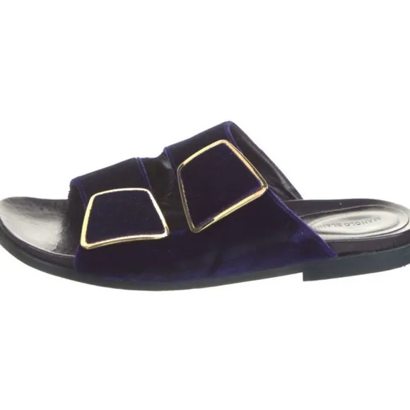 Manolo Blahnik Blue and Gold Slide Sandals