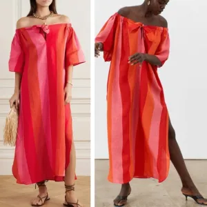 Mara Hoffman Kamala Off the Shoulder Striped Midi Dress Linen Beach Pool Light
