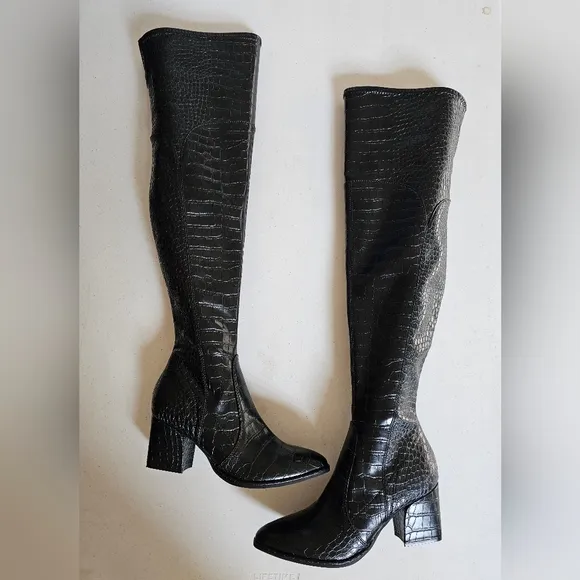 MARC FISHER Black Crocodile Over the Knee Tall Boots NEW Size 8 1/2 Medi…