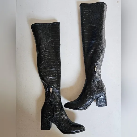 MARC FISHER Black Crocodile Over the Knee Tall Boots NEW Size 8 1/2 Medi…