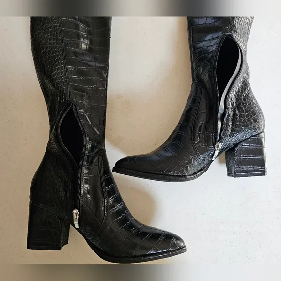 MARC FISHER Black Crocodile Over the Knee Tall Boots NEW Size 8 1/2 Medi…
