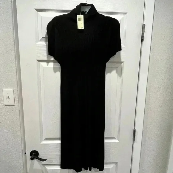 Max Edition Black Maxi Sweater Dress textured chest, short sleeve w turtleneck