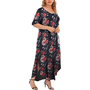 Maxi Short Sleeve Casual Loose Floral Print Split Long Dress with Pockets