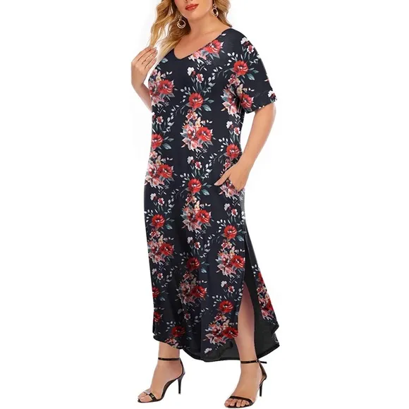 Maxi Short Sleeve Casual Loose Floral Print Split Long Dress with Pockets