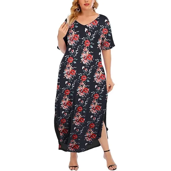 Maxi Short Sleeve Casual Loose Floral Print Split Long Dress with Pockets