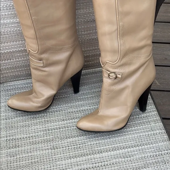 MAYLE LADIES TAN/BROWN TALL HEEL BOOTS-10