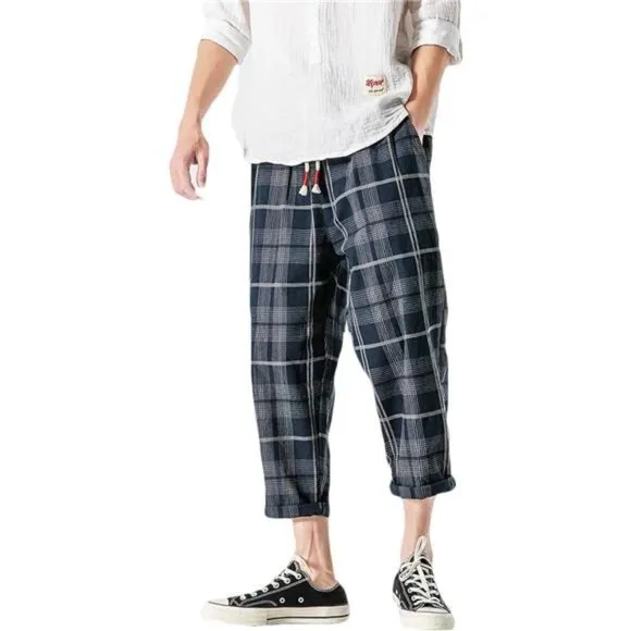 Men's Casual Capri Pants Elastic Waist Wide Leg Loose Baggy Harem Pants, Navy
