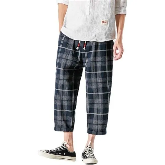 Men's Casual Capri Pants Elastic Waist Wide Leg Loose Baggy Harem Pants, Navy