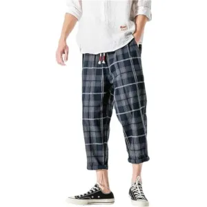 Men's Casual Capri Pants Elastic Waist Wide Leg Loose Baggy Harem Pants, Navy