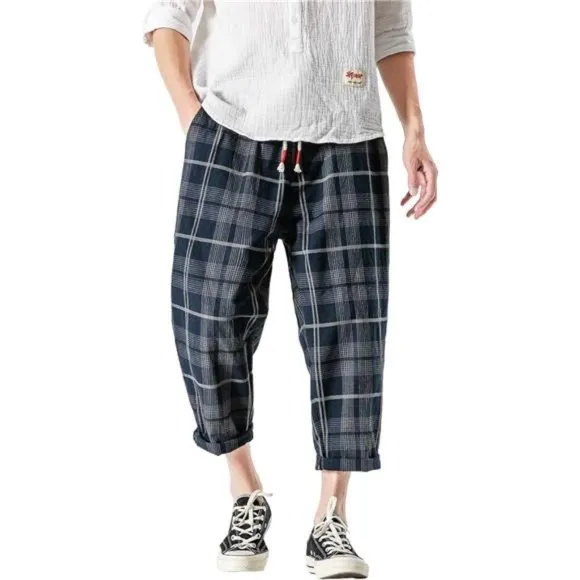 Men's Casual Capri Pants Elastic Waist Wide Leg Loose Baggy Harem Pants, Navy