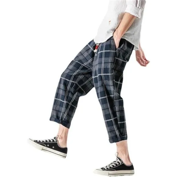 Men's Casual Capri Pants Elastic Waist Wide Leg Loose Baggy Harem Pants, Navy