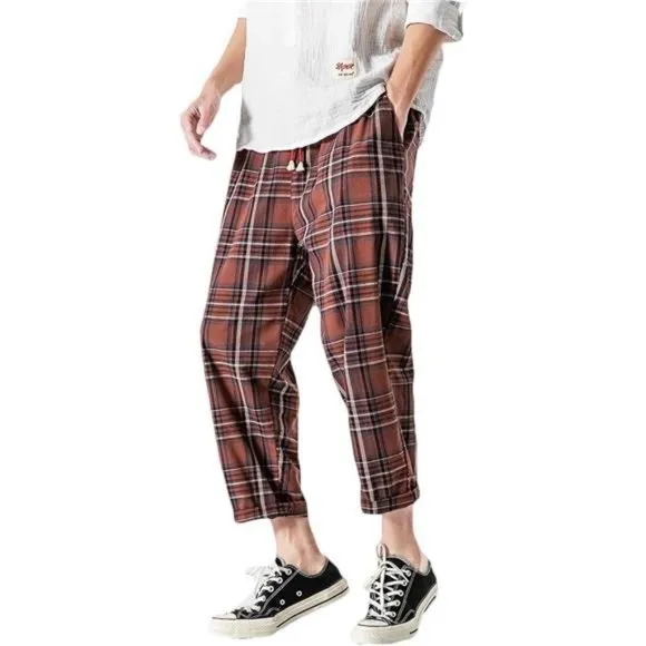 Men's Casual Capri Pants Elastic Waist Wide Leg Loose Baggy Harem Pants, Red