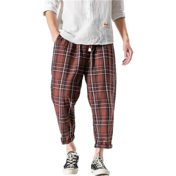 Men's Casual Capri Pants Elastic Waist Wide Leg Loose Baggy Harem Pants, Red