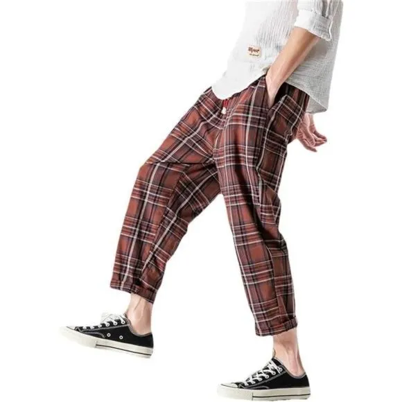 Men's Casual Capri Pants Elastic Waist Wide Leg Loose Baggy Harem Pants, Red