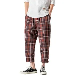 Men's Casual Capri Pants Elastic Waist Wide Leg Loose Baggy Harem Pants, Red