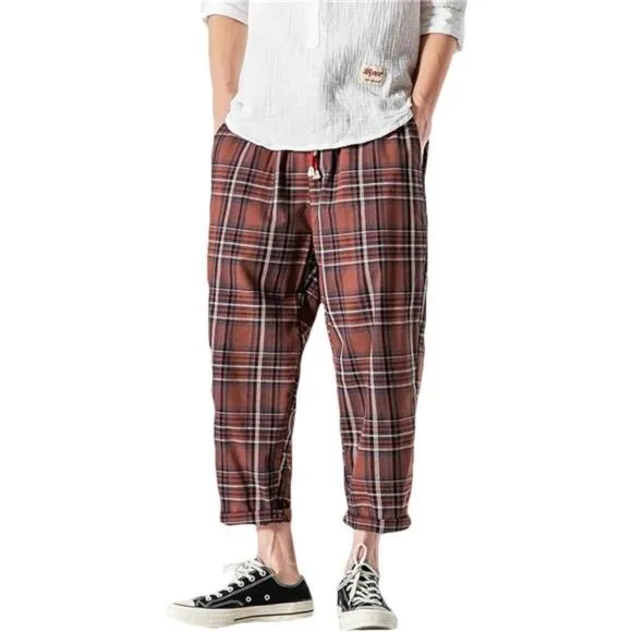 Men's Casual Capri Pants Elastic Waist Wide Leg Loose Baggy Harem Pants, Red