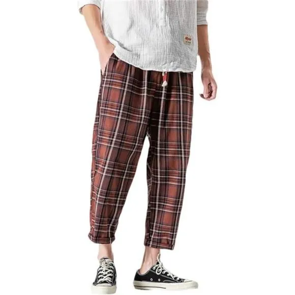 Men's Casual Capri Pants Elastic Waist Wide Leg Loose Baggy Harem Pants, Red