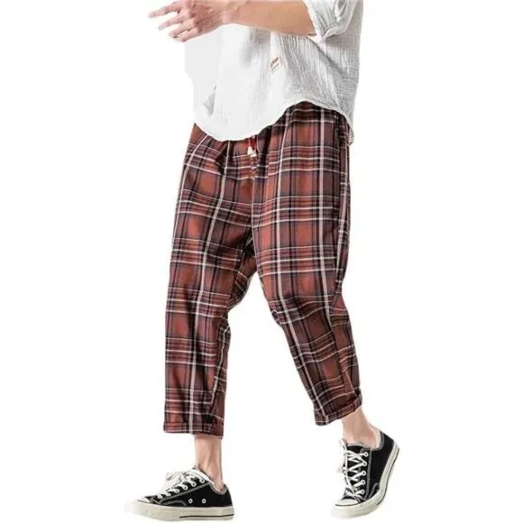 Men's Casual Capri Pants Elastic Waist Wide Leg Loose Baggy Harem Pants, Red