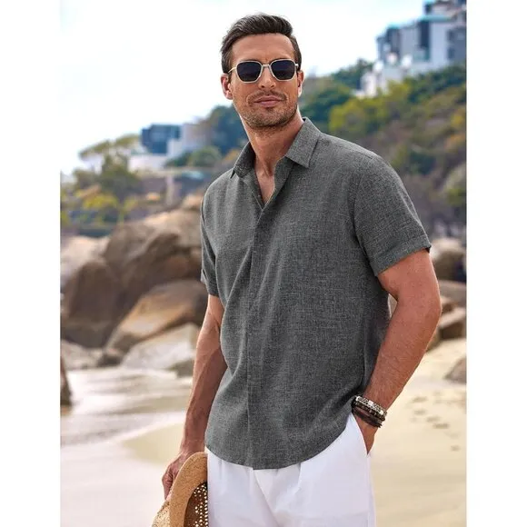 Men's Linen Shirts Short Sleeve Casual Shirts Button Down Shirt