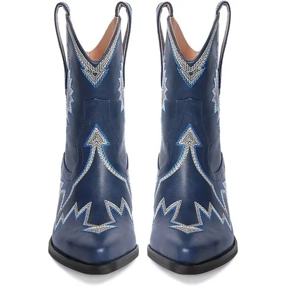 Metallic Embroidered Cowgirl Boots For Women Navy Metallic Faux Leather