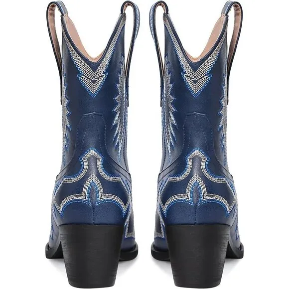 Metallic Embroidered Cowgirl Boots For Women Navy Metallic Faux Leather