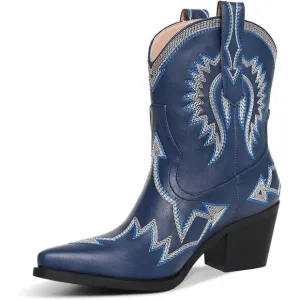 Metallic Embroidered Cowgirl Boots For Women Navy Metallic Faux Leather
