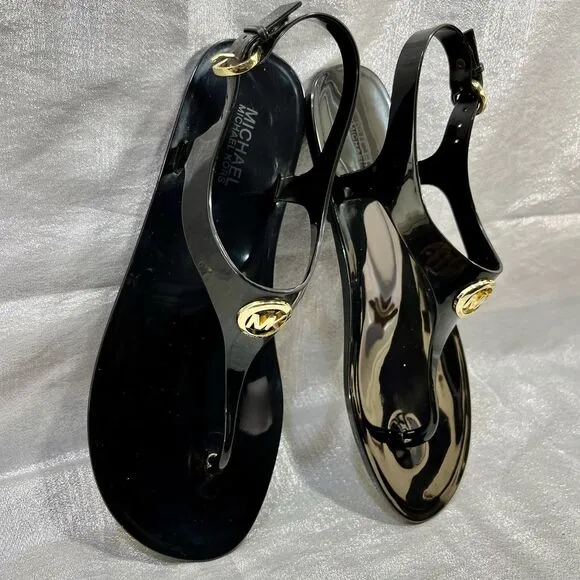 Michael Kors Mira Black Jelly Thong Sandals with Gold Lock Accent Women’s Size 9